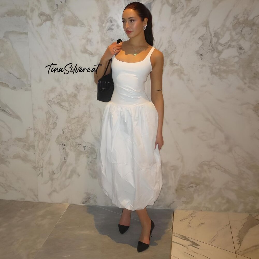 Zara Contrasting Balloon Midi Dress White Sz S NWT